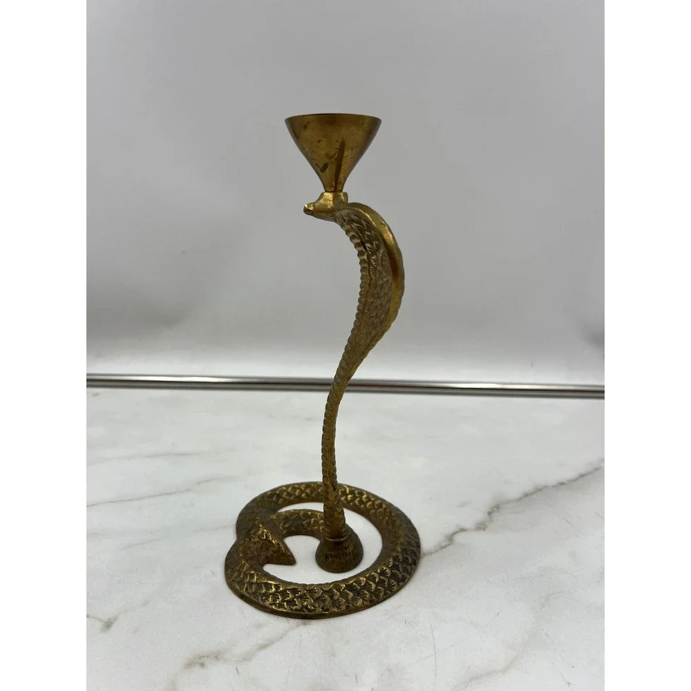 Vintage Solid Brass Cobra Snake Candlestick Holder Etched Coiled Base 8.5 Inch